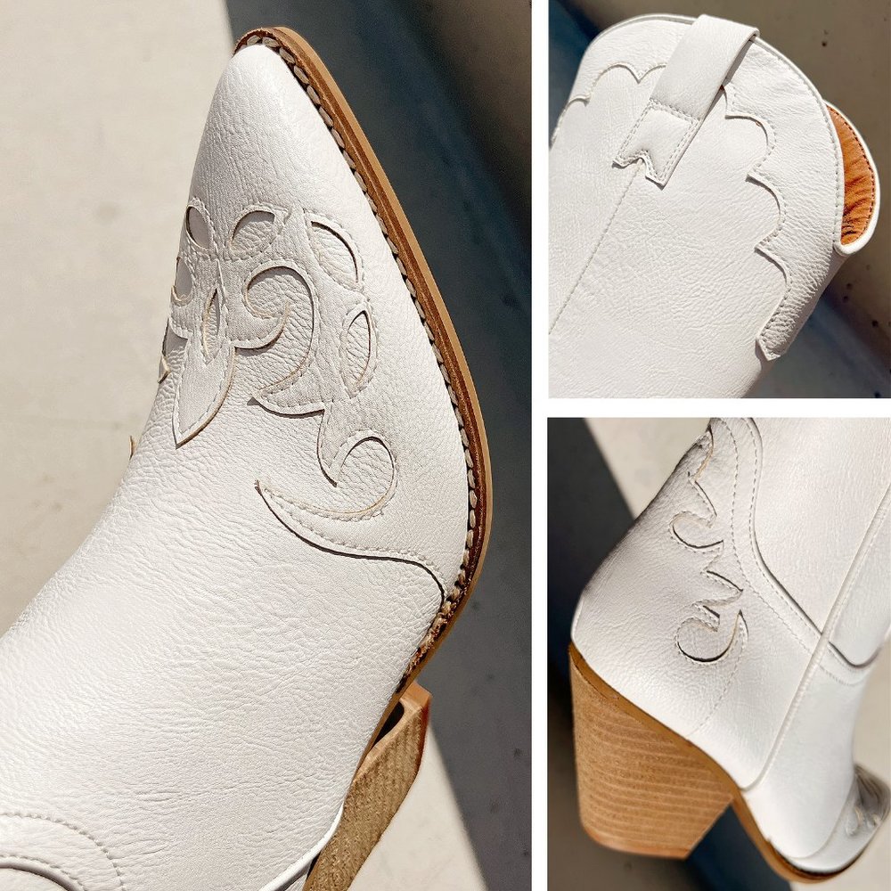 NEW White Western Cowgirl Cutout Applique Pointy Toe Block Heel Mid Calf Boots - Picture 11 of 16
